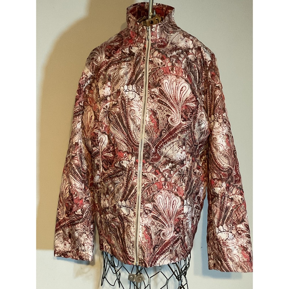 Chicos Paisley Quilted Zip Up Jacket Red Burgundy Mock Neck Size 2 L Large